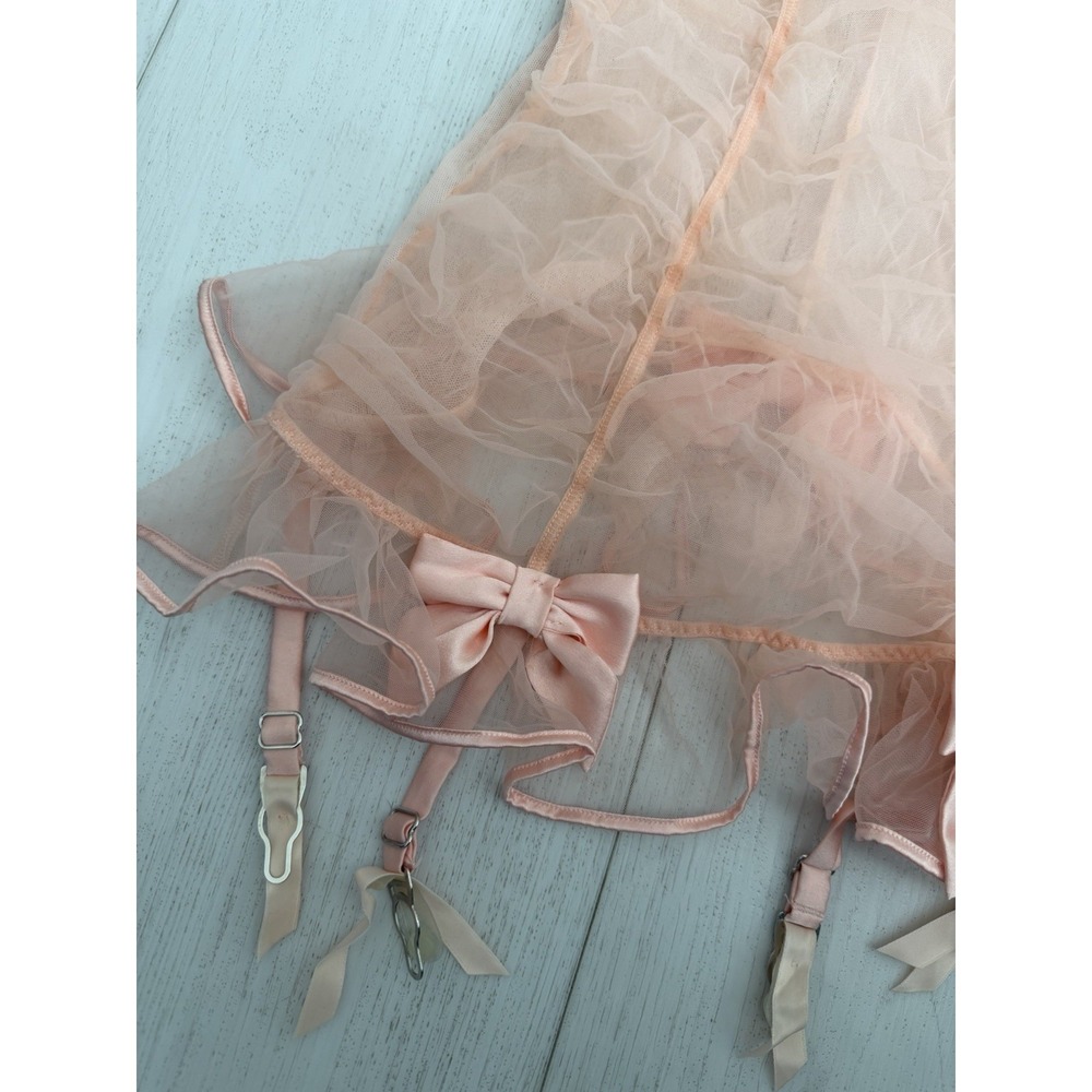Victoria's Secret Sexy Babydoll Lingerie Sz 34D Peach Color Tulle Rhinestone Bow - Picture 3 of 7